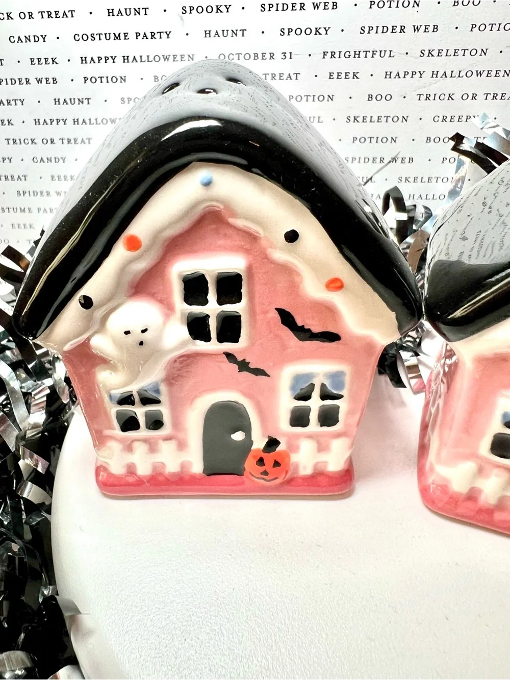 Halloween Pink Gingerbread Haunted House Ceramic Salt & Pepper Shakers Ghost Bat
